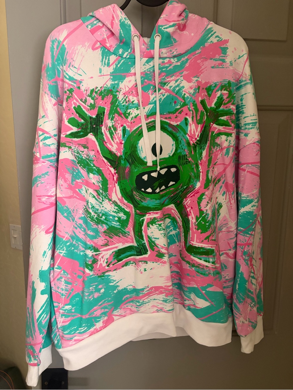 Graphic Monster Print Hooded Sweater in Pink, Teal & Green